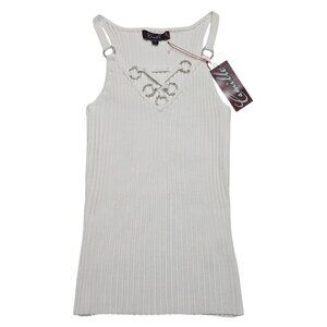 Camille La Vie Shirt Womens Small White Ribbed Tank Top Rhinestone Embellished